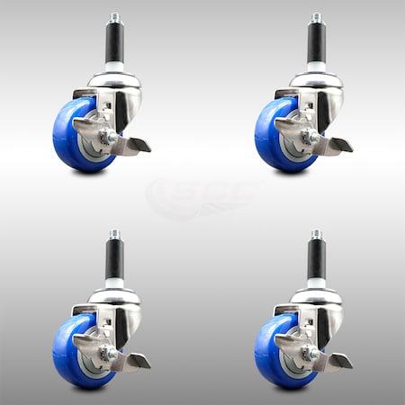 Service Caster 3.5 Inch 316SS Blue Poly Swivel 3/4 Inch Expanding Stem Caster Set Brake SCC SCC-SS316EX20S3514-PPUBBLUE-TLB-34-4